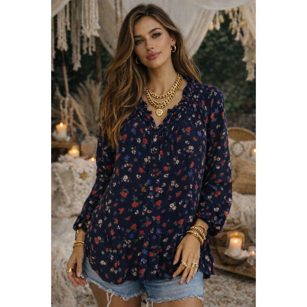 Anthropologie Blouse Top Size 4 Black Red Roses By Fei